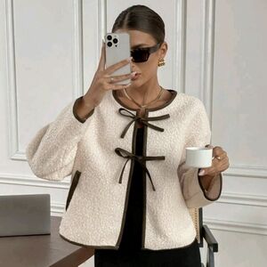 SHEIN Frenchy Women's Warm Tie-Up Contrast Trim Bow Jacket